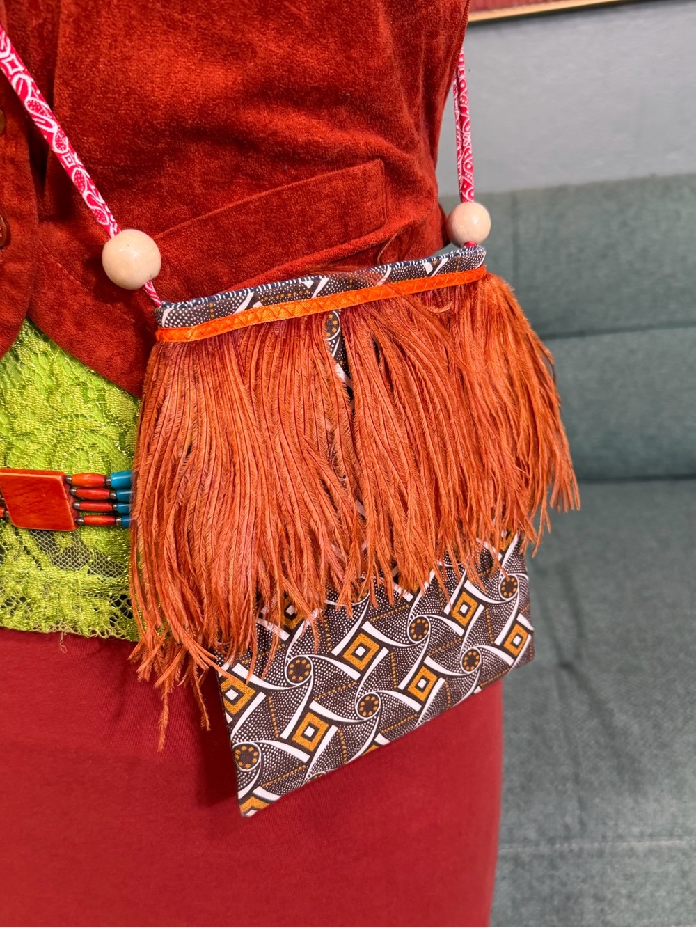 Rust Orange & Brown reversible crossbody silk bag feather trim